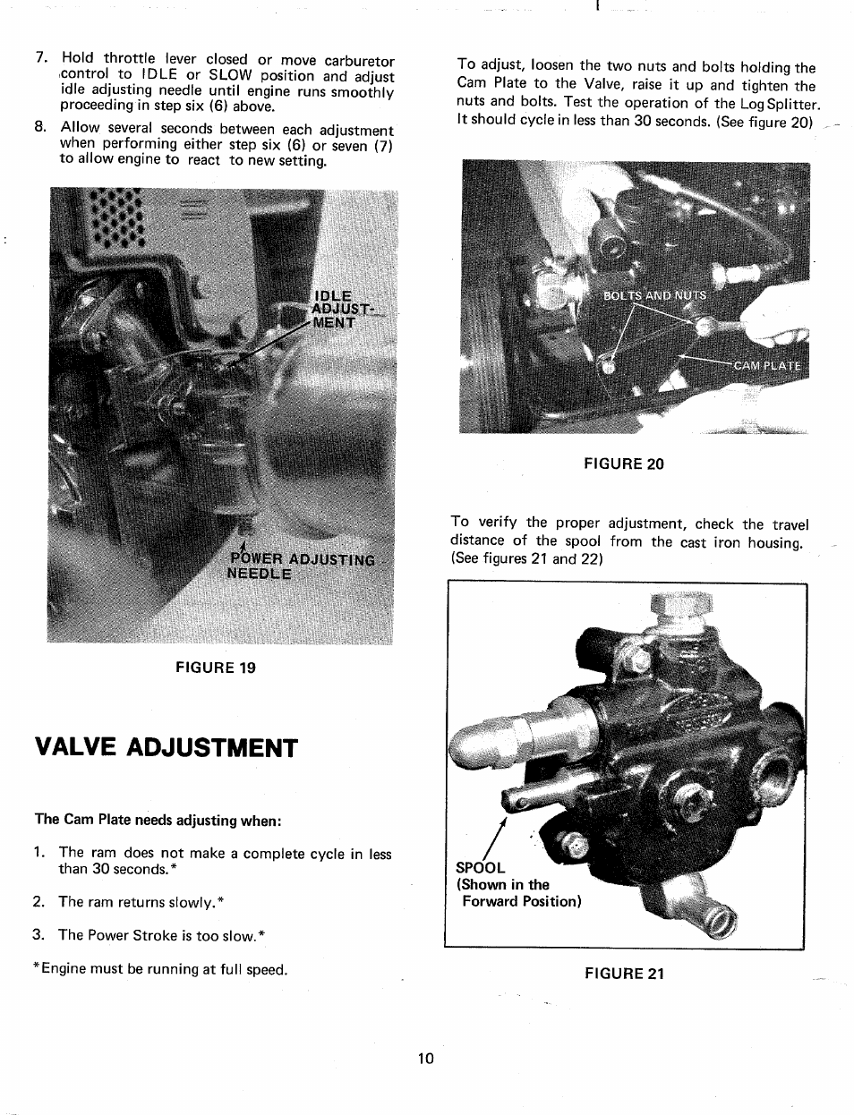 The cam plate needs adjusting when, Valve adjustment | Bolens 248-604A User Manual | Page 10 / 15