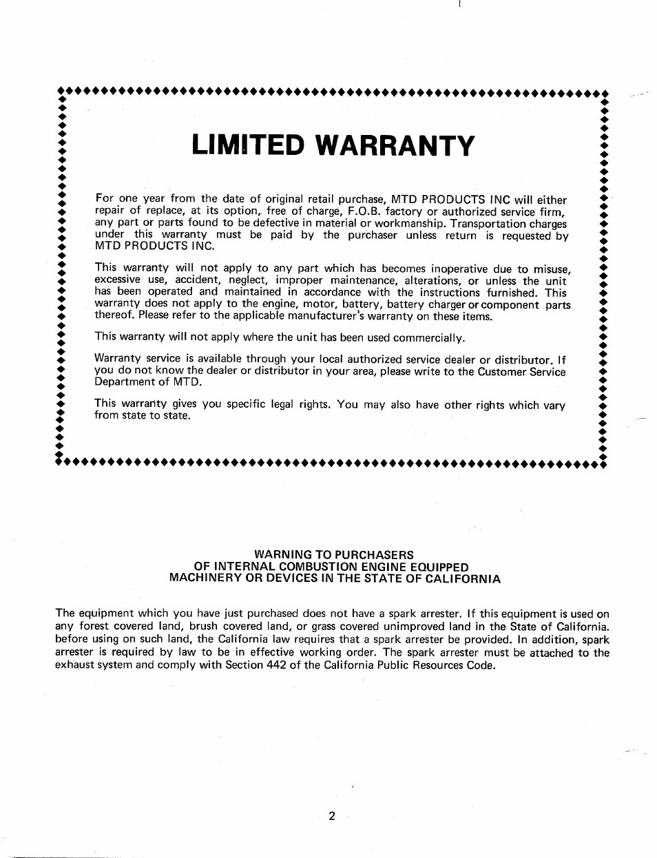 Limited warranty | Bolens 248-604A User Manual | Page 2 / 15