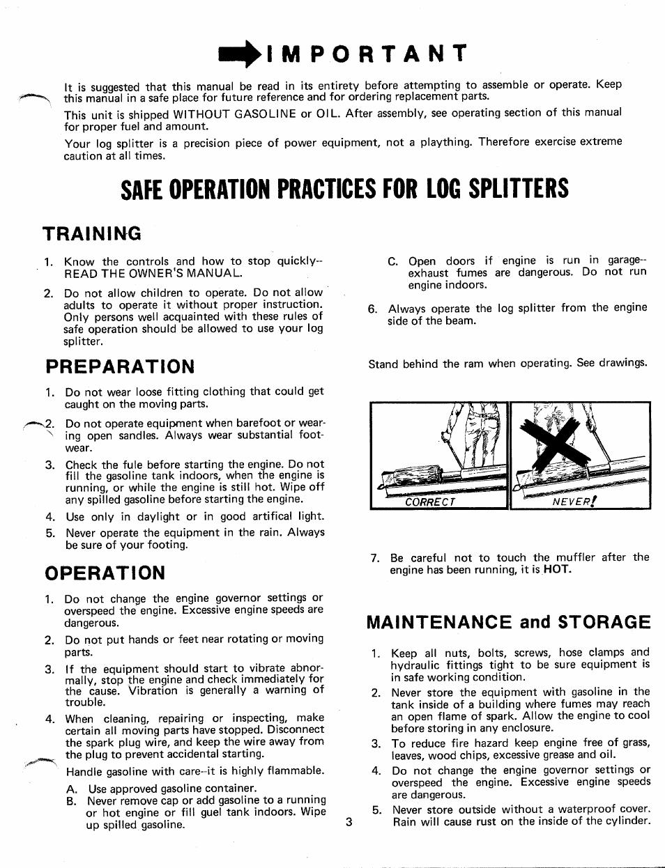 Im portant, Safe operation practices for log splitters, Training | Preparation, Operation, Maintenance and storage | Bolens 248-604A User Manual | Page 3 / 15