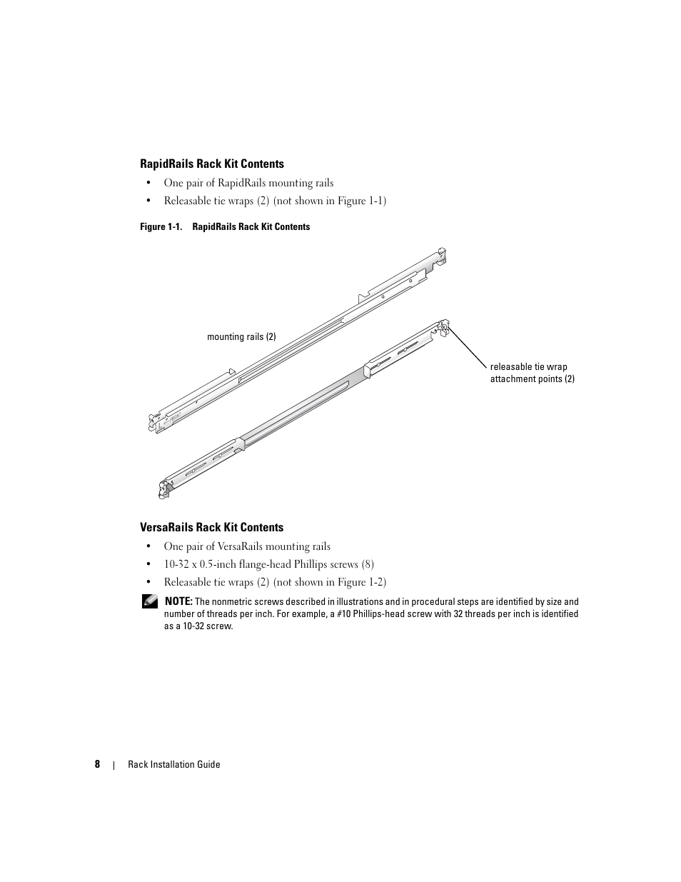 Rapidrails rack kit contents, Versarails rack kit contents, Figure 1-1 | Dell PowerEdge 850 User Manual | Page 10 / 142