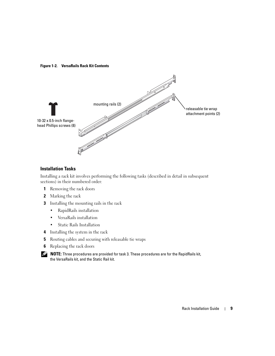 Installation tasks, Figure 1-2, Versarails rack kit contents | Dell PowerEdge 850 User Manual | Page 11 / 142
