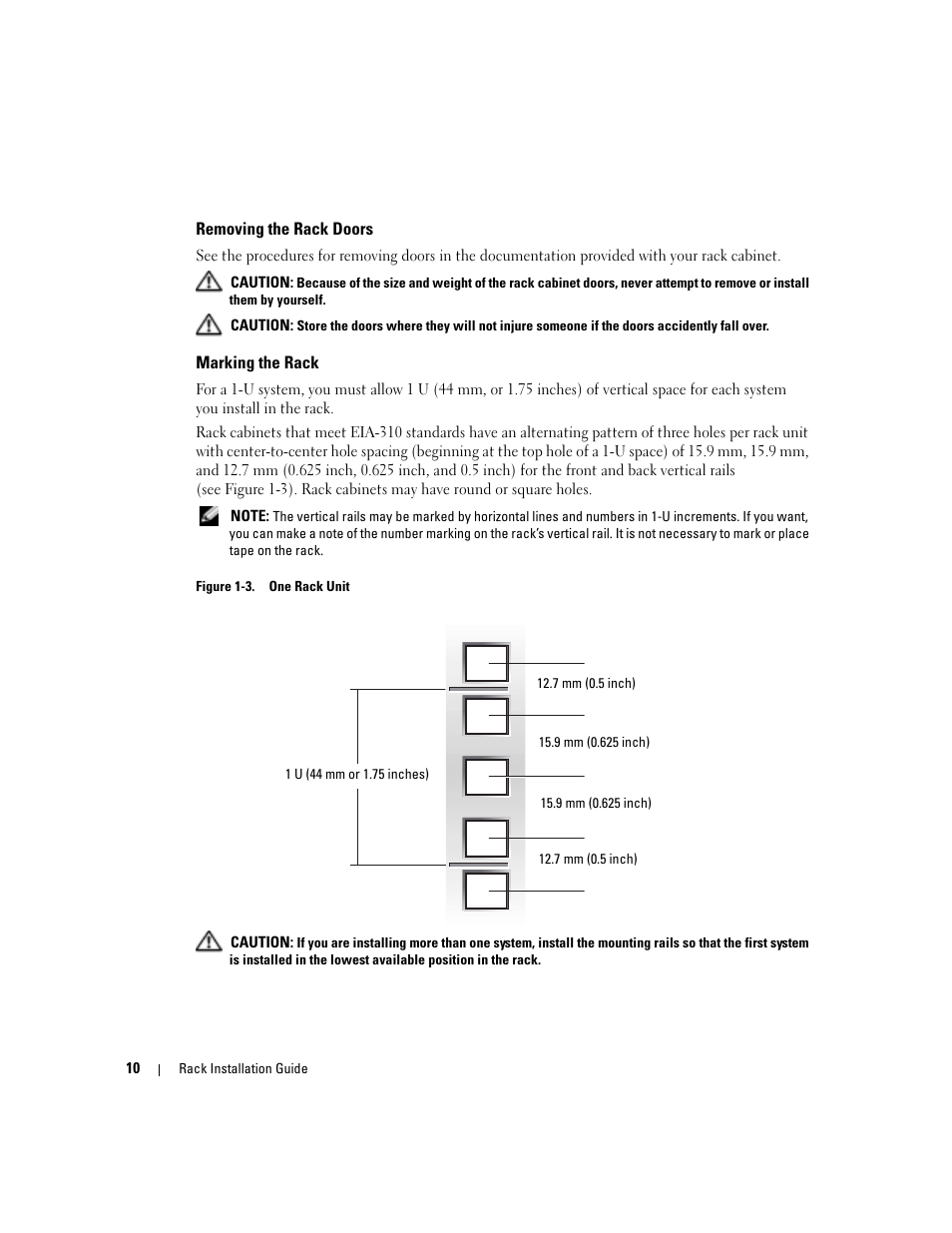 Removing the rack doors, Marking the rack, Figure 1-3 | One rack unit | Dell PowerEdge 850 User Manual | Page 12 / 142