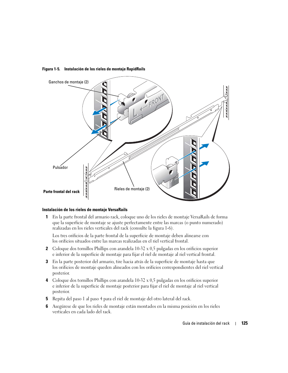Figura 1-5, Instalación de los rieles de montaje rapidrails | Dell PowerEdge 850 User Manual | Page 127 / 142