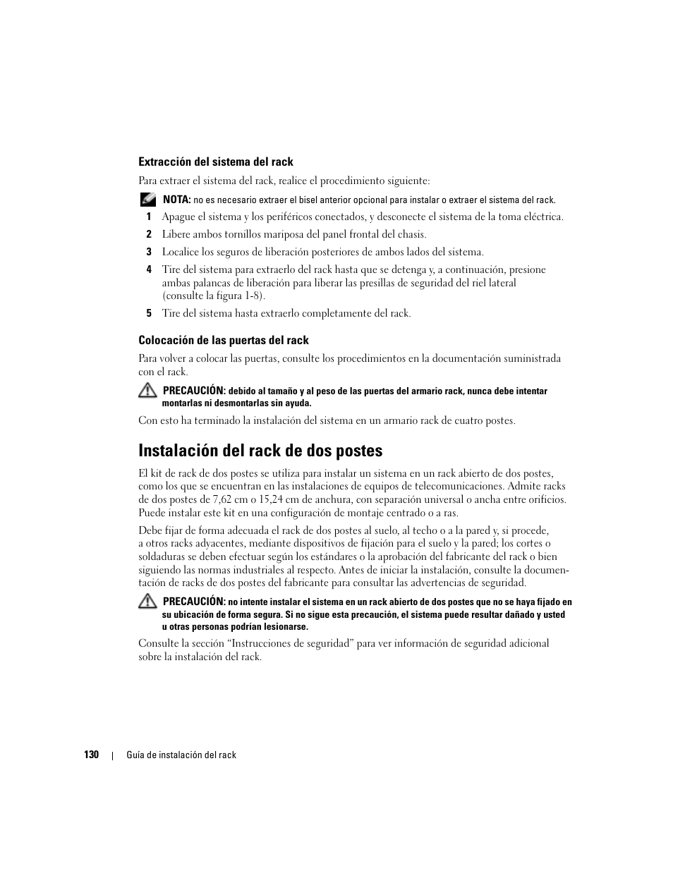 Extracción del sistema del rack, Colocación de las puertas del rack, Instalación del rack de dos postes | Dell PowerEdge 850 User Manual | Page 132 / 142