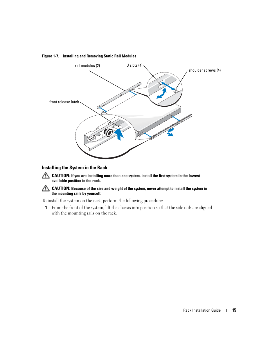 Installing the system in the rack, Figure 1-7, Installing and removing static rail modules | Dell PowerEdge 850 User Manual | Page 17 / 142