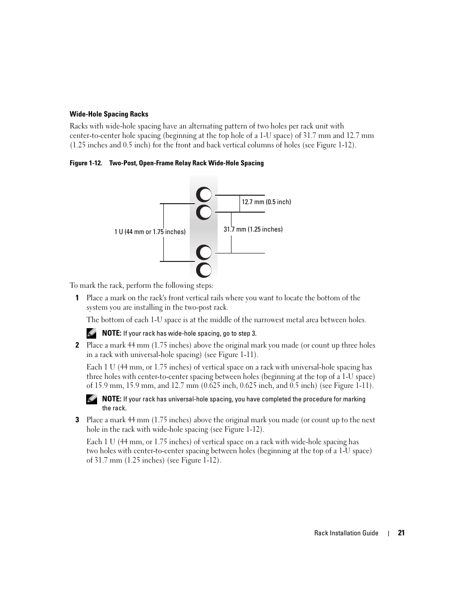 Figure 1-12, Two-post, open-frame relay rack wide-hole spacing | Dell PowerEdge 850 User Manual | Page 23 / 142