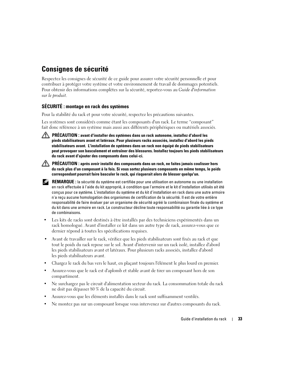 Consignes de sécurité, Sécurité : montage en rack des systèmes | Dell PowerEdge 850 User Manual | Page 35 / 142