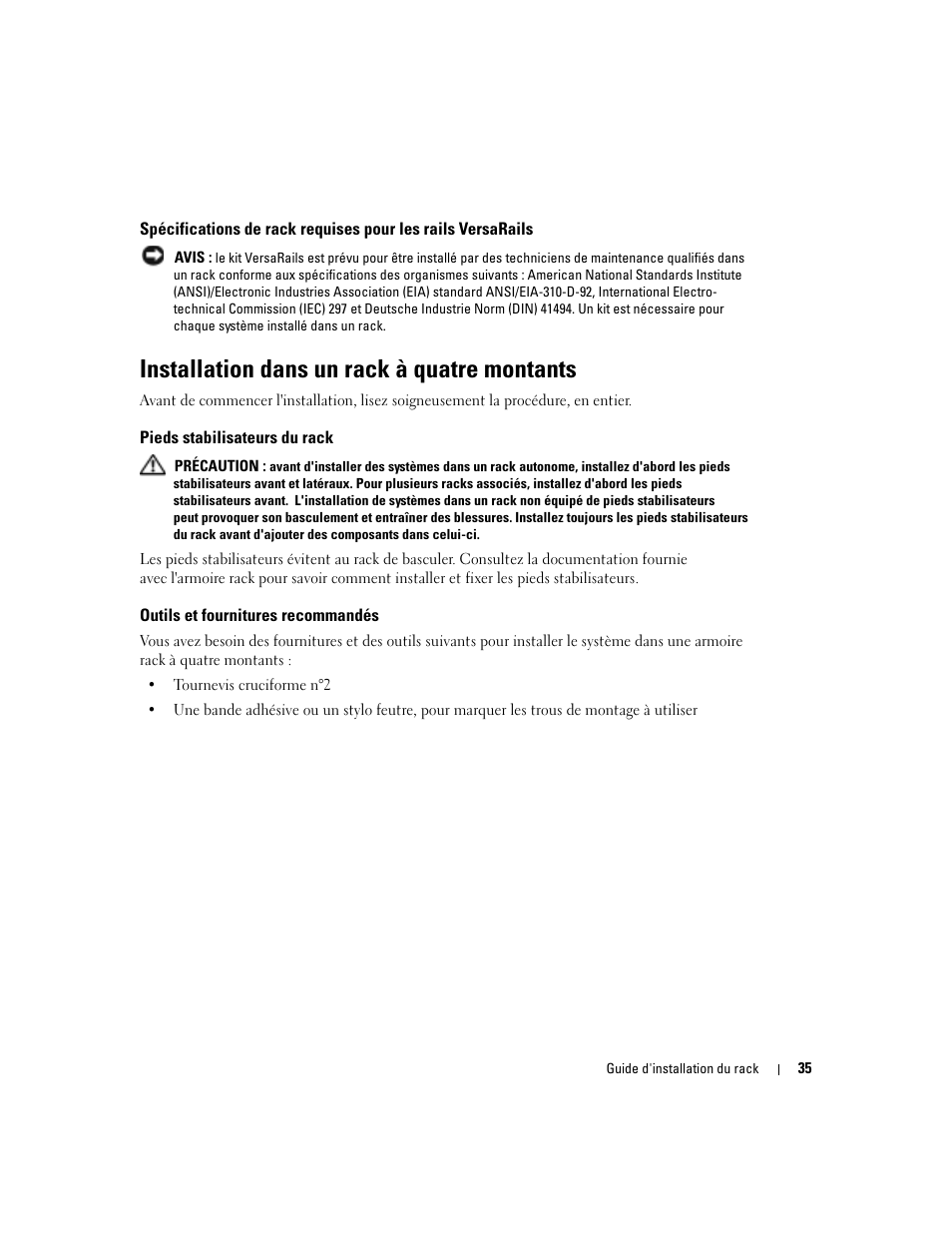Installation dans un rack à quatre montants, Pieds stabilisateurs du rack, Outils et fournitures recommandés | Dell PowerEdge 850 User Manual | Page 37 / 142