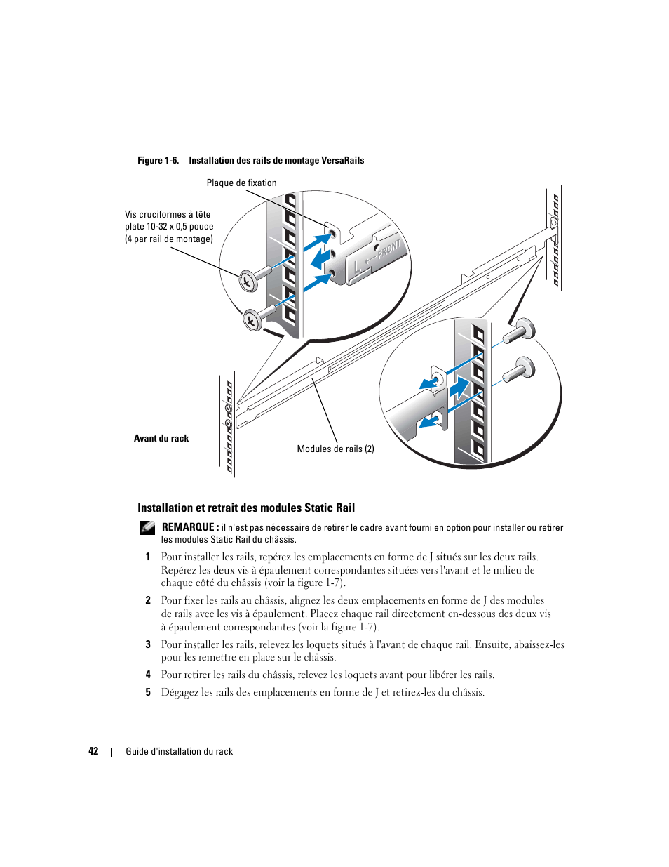 Installation et retrait des modules static rail, Figure 1-6, Installation des rails de montage versarails | Dell PowerEdge 850 User Manual | Page 44 / 142