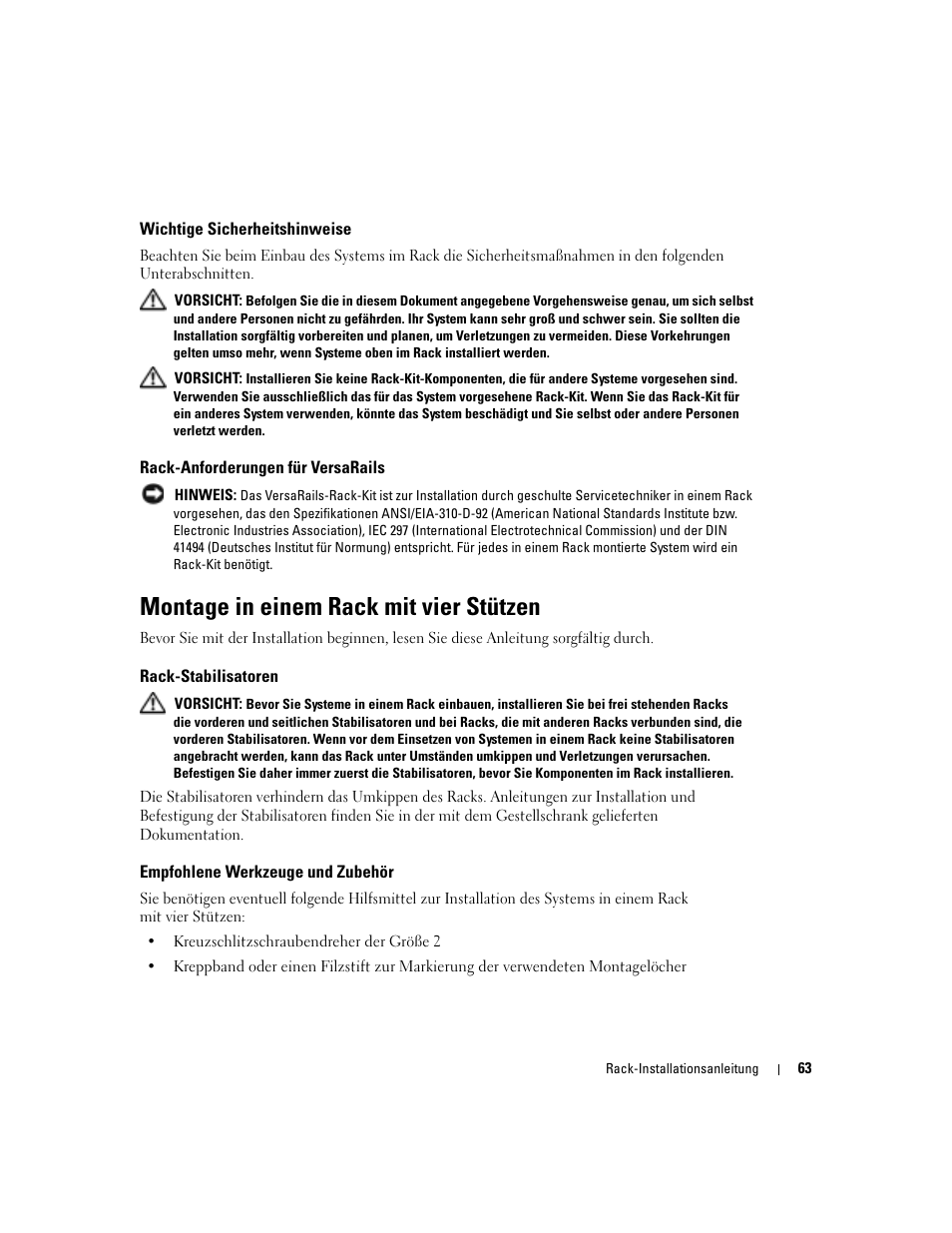 Wichtige sicherheitshinweise, Rack-anforderungen für versarails, Montage in einem rack mit vier stützen | Rack-stabilisatoren, Empfohlene werkzeuge und zubehör | Dell PowerEdge 850 User Manual | Page 65 / 142