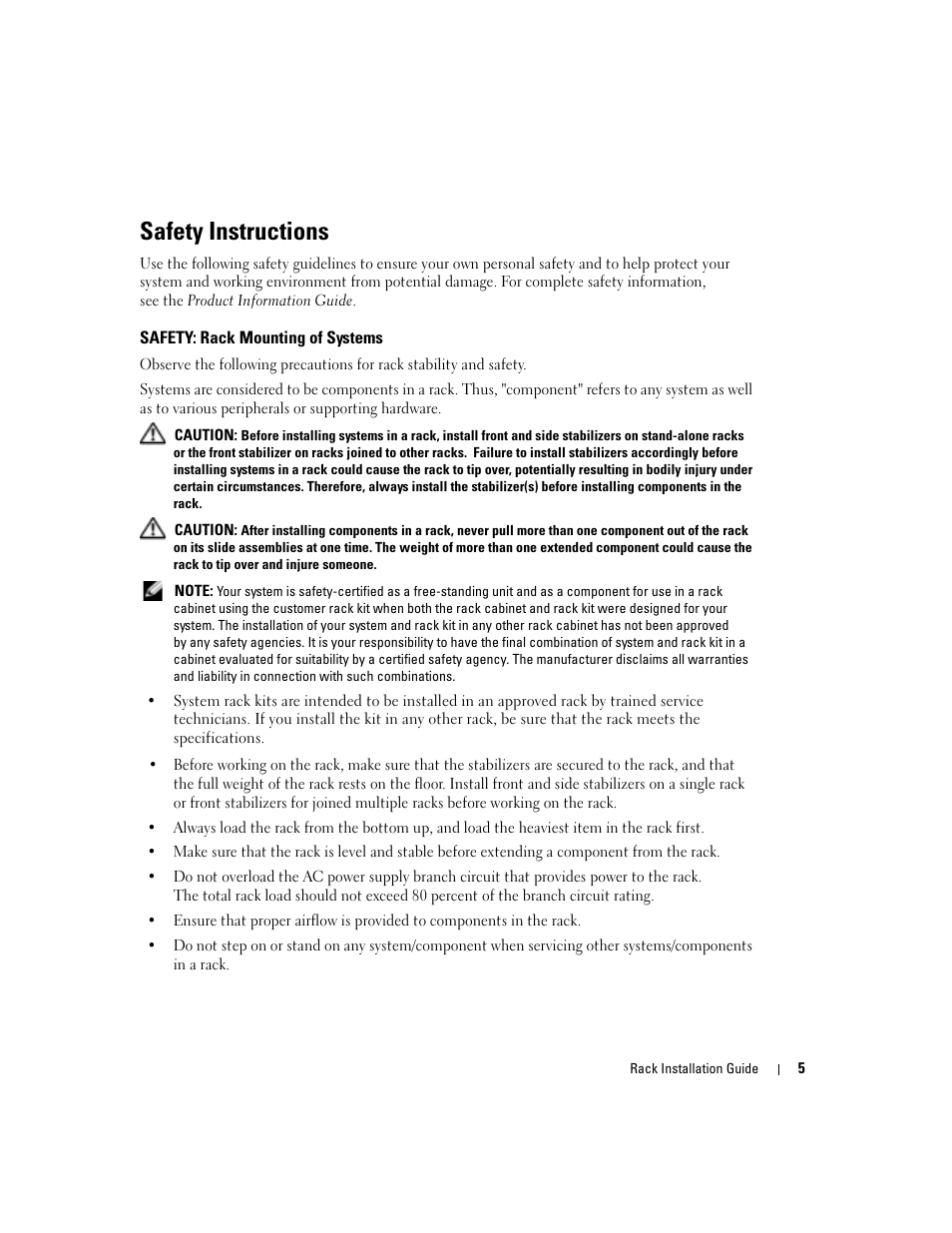 Safety instructions, Safety: rack mounting of systems | Dell PowerEdge 850 User Manual | Page 7 / 142