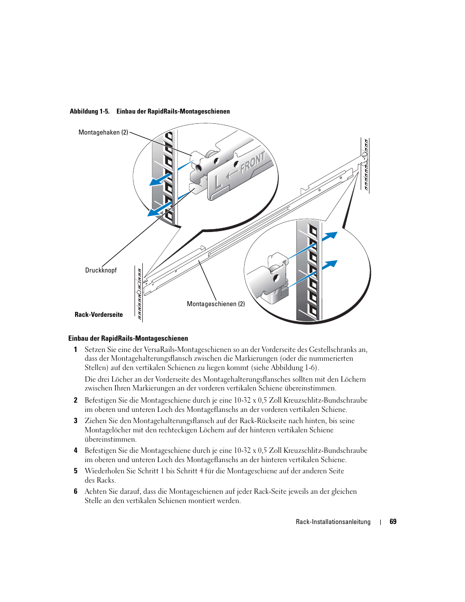 Abbildung 1-5, Einbau der rapidrails-montageschienen | Dell PowerEdge 850 User Manual | Page 71 / 142