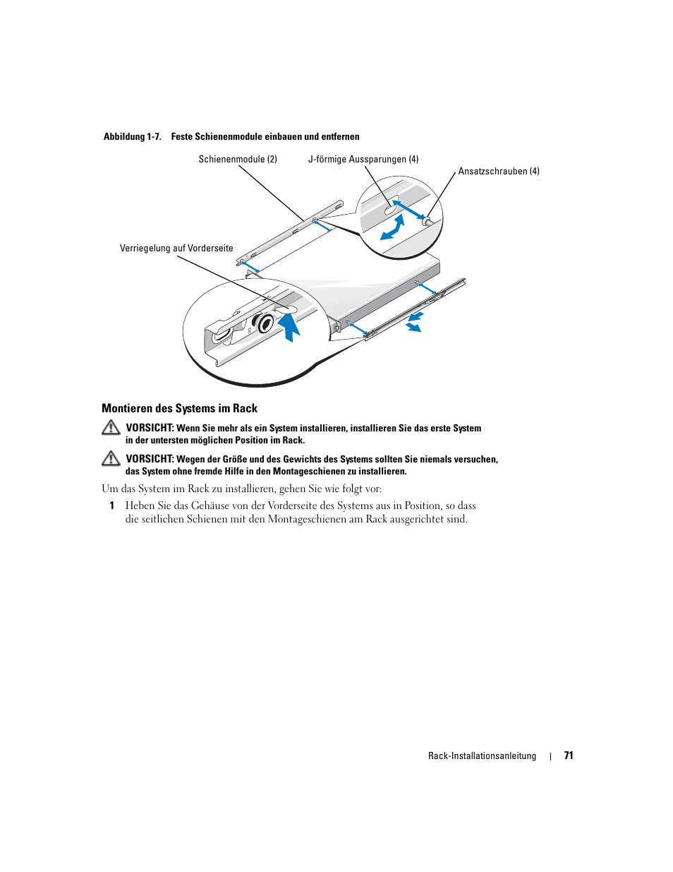 Montieren des systems im rack, Abbildung 1-7, Feste schienenmodule einbauen und entfernen | Dell PowerEdge 850 User Manual | Page 73 / 142