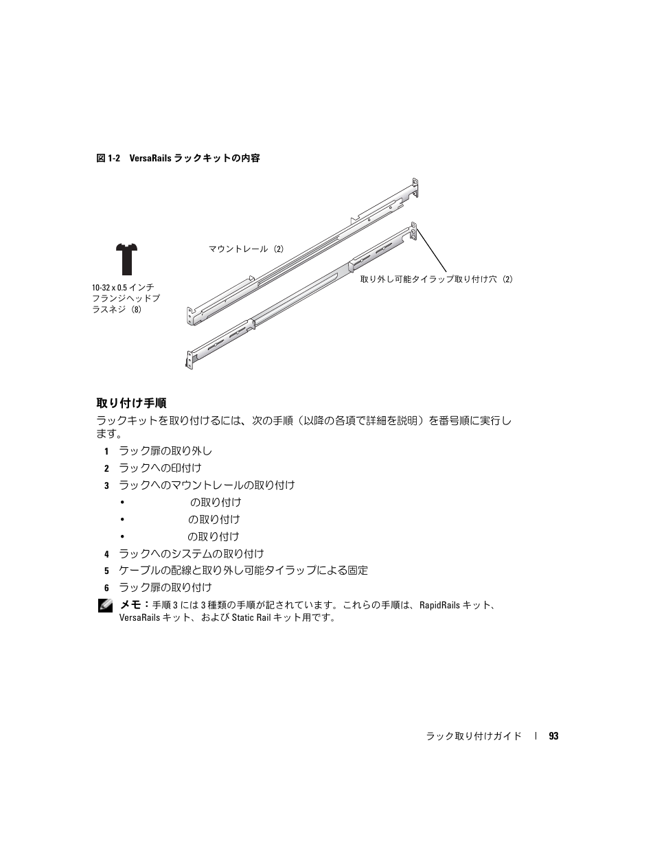 取り付け手順, 図 1-2 versarails, ラックキットの内容 | Dell PowerEdge 850 User Manual | Page 95 / 142