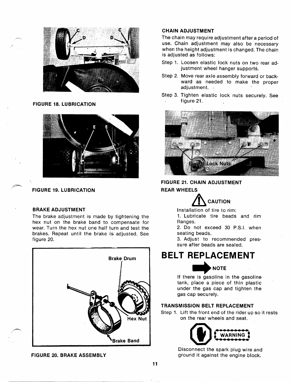 Brake adjustment, Chain adjustment, Belt replacement | Note, Transmission belt replacement, Warning, Figure 20. brake assembly | Bolens 130-360A User Manual | Page 11 / 26