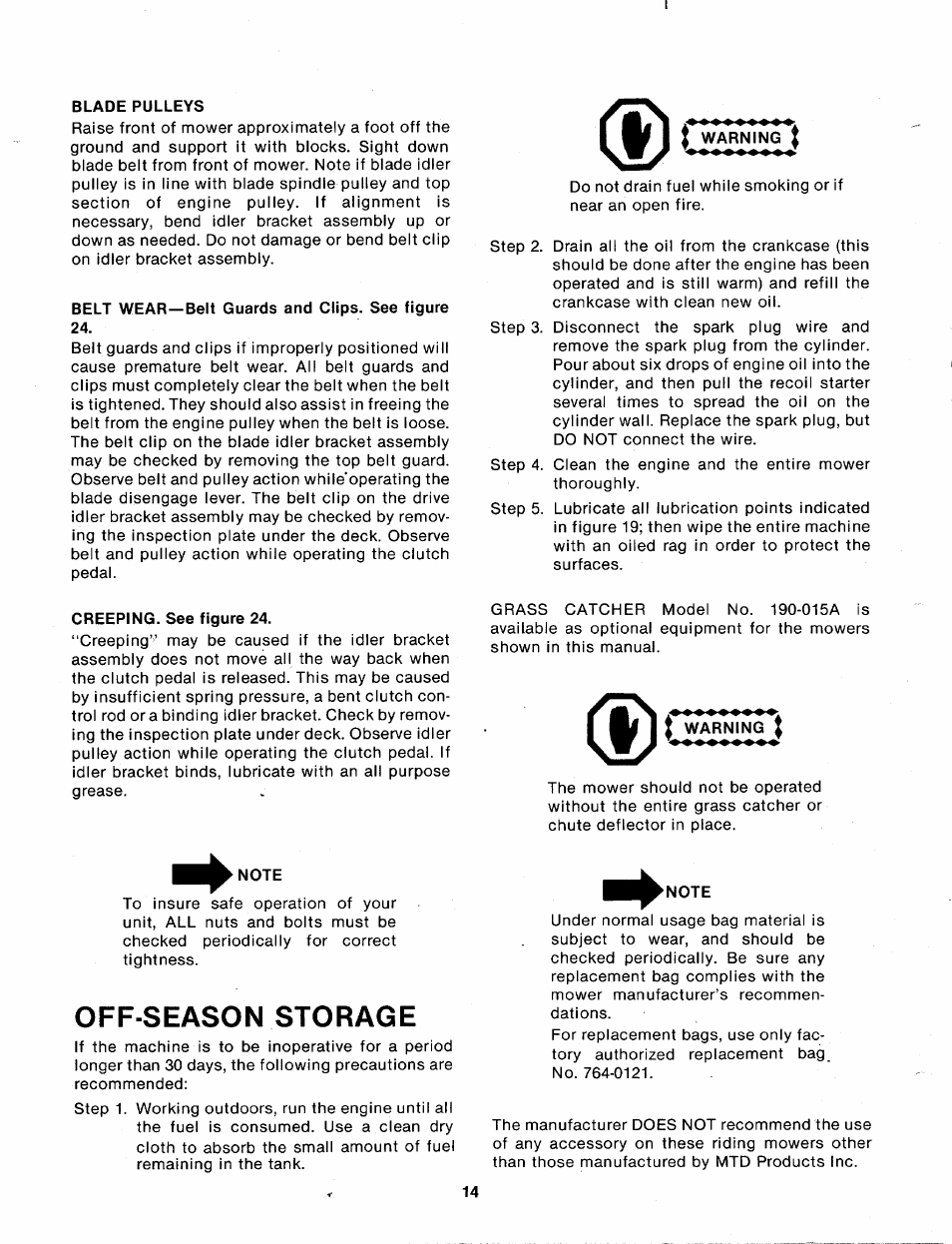 Blade pulleys, Belt wear—belt guards and clips. see figure 24, Creeping. see figure 24 | Note, Off season storage, I warning i, I warning, Off-season storage | Bolens 130-360A User Manual | Page 14 / 26