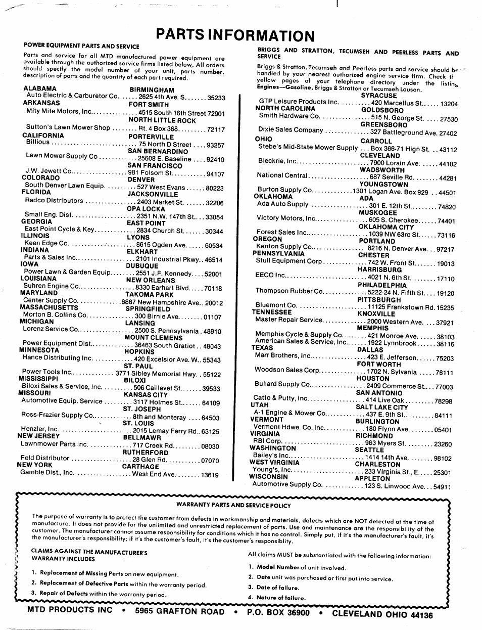 Parts information | Bolens 130-360A User Manual | Page 26 / 26