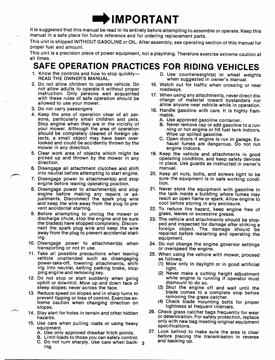 Important, Safe operation practices for riding vehicles | Bolens 130-360A User Manual | Page 3 / 26