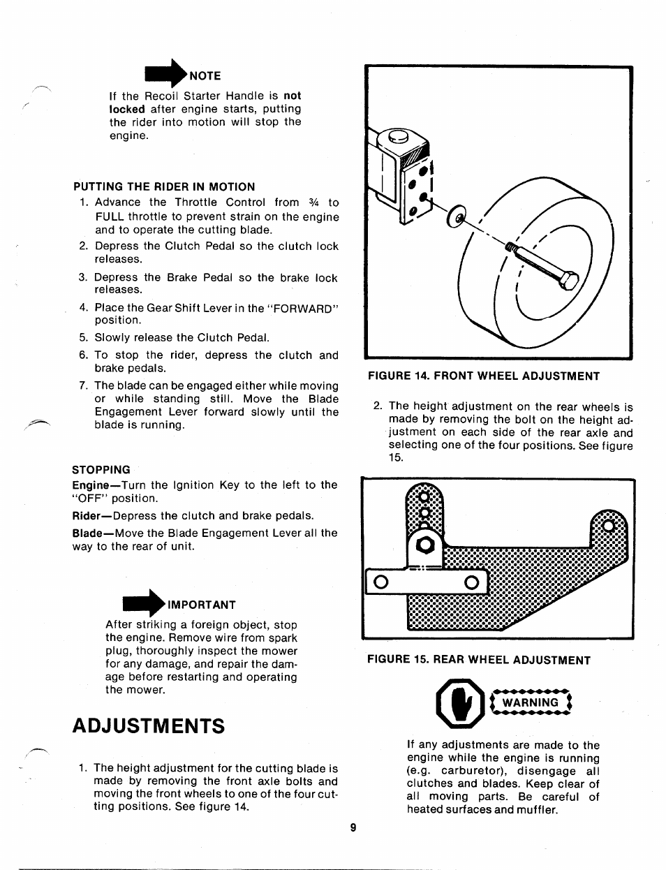 Adjustments, Warning | Bolens 130-360A User Manual | Page 9 / 26