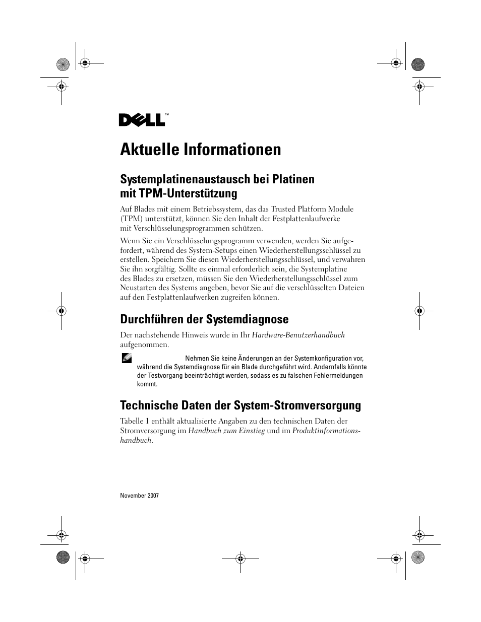 Aktuelle informationen, Durchführen der systemdiagnose, Technische daten der system-stromversorgung | Dell PowerEdge M605 User Manual | Page 10 / 21