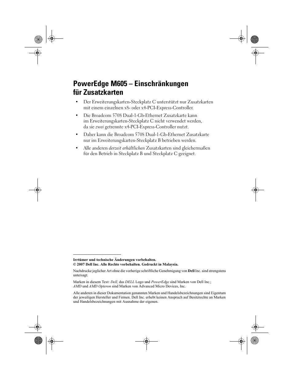 Poweredge m605 - einschränkungen für zusatzkarten, Poweredge m605 – einschränkungen für zusatzkarten | Dell PowerEdge M605 User Manual | Page 12 / 21