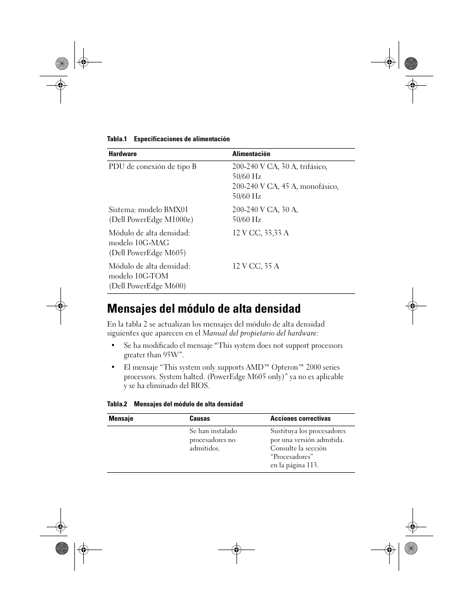 Mensajes del módulo de alta densidad | Dell PowerEdge M605 User Manual | Page 20 / 21