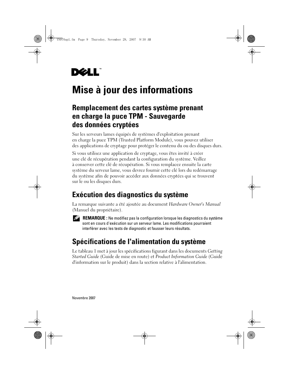 Mise à jour des informations, Exécution des diagnostics du système, Spécifications de l'alimentation du système | Dell PowerEdge M605 User Manual | Page 7 / 21