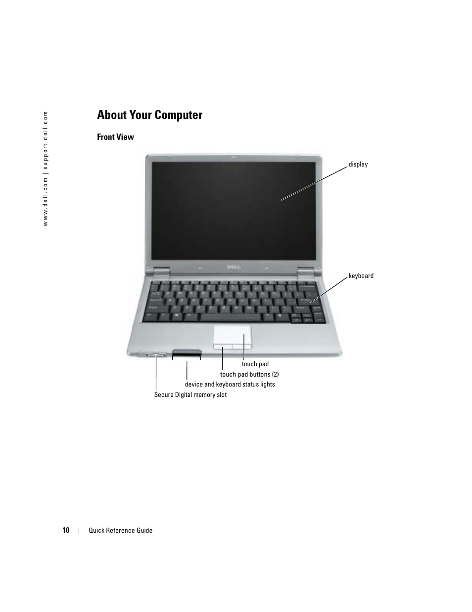 About your computer, Front view | Dell Latitude X1 User Manual | Page 10 / 88