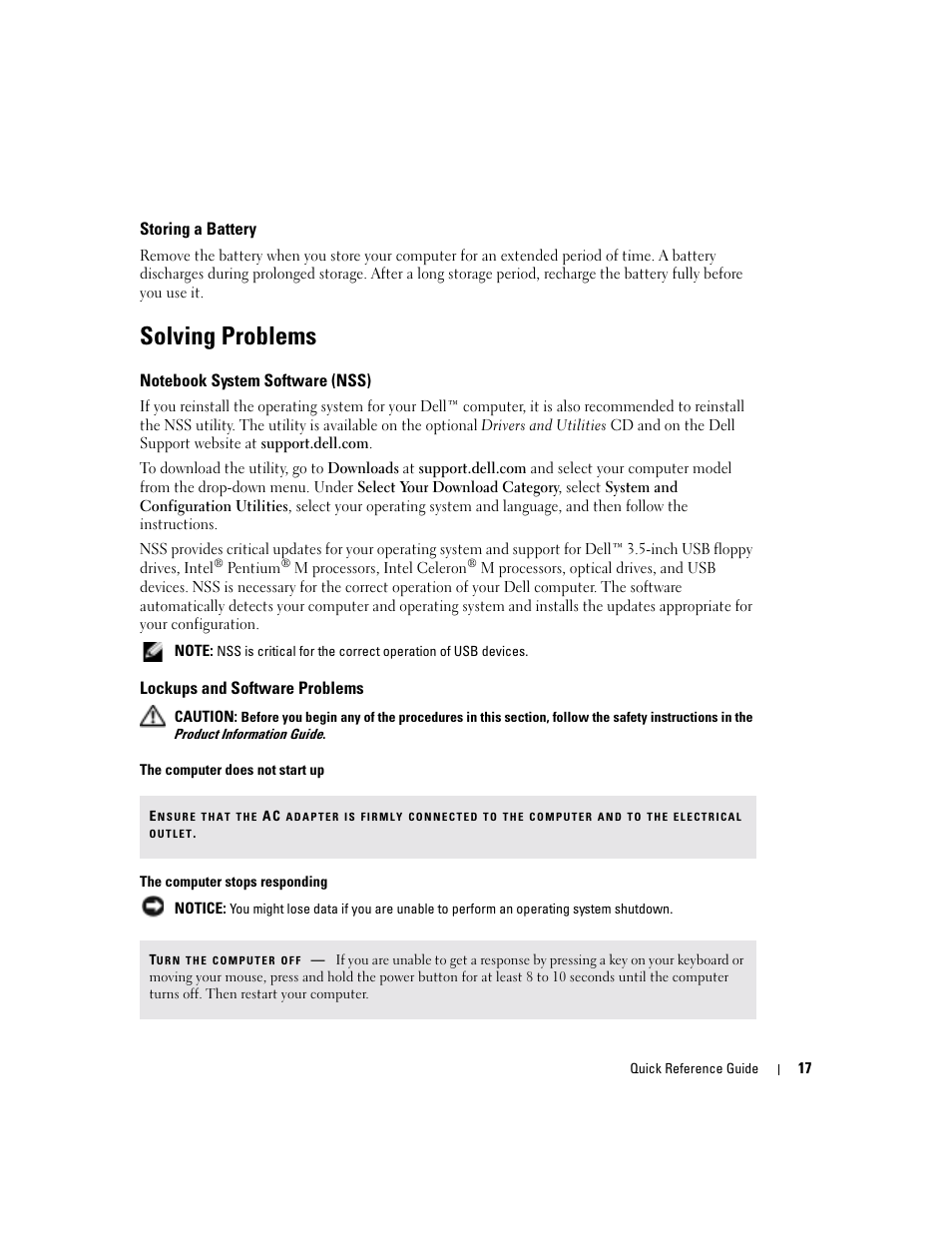 Storing a battery, Solving problems, Notebook system software (nss) | Lockups and software problems | Dell Latitude X1 User Manual | Page 17 / 88