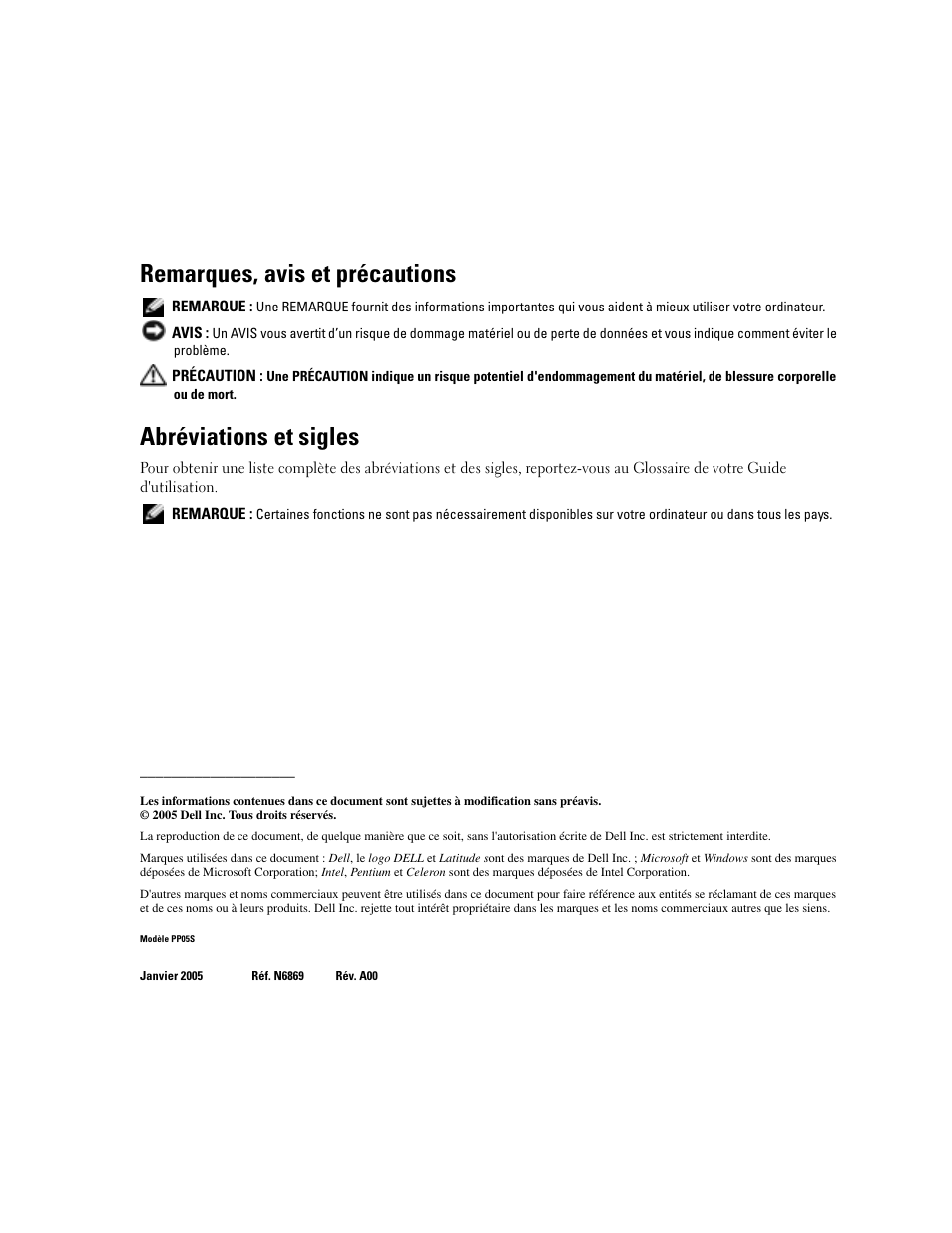 Remarques, avis et précautions, Abréviations et sigles | Dell Latitude X1 User Manual | Page 24 / 88