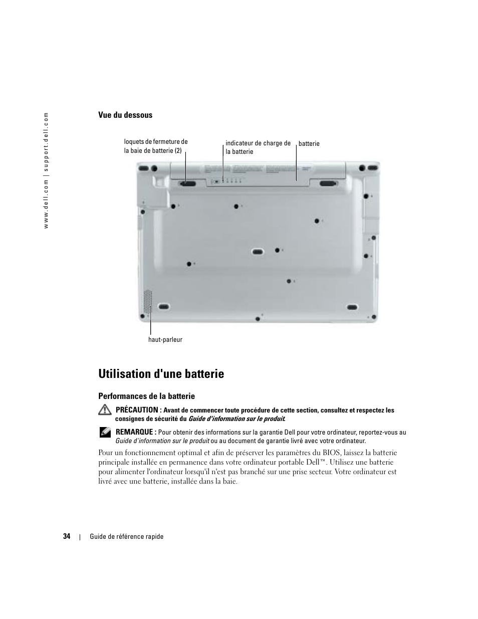 Vue du dessous, Utilisation d'une batterie, Performances de la batterie | Dell Latitude X1 User Manual | Page 34 / 88