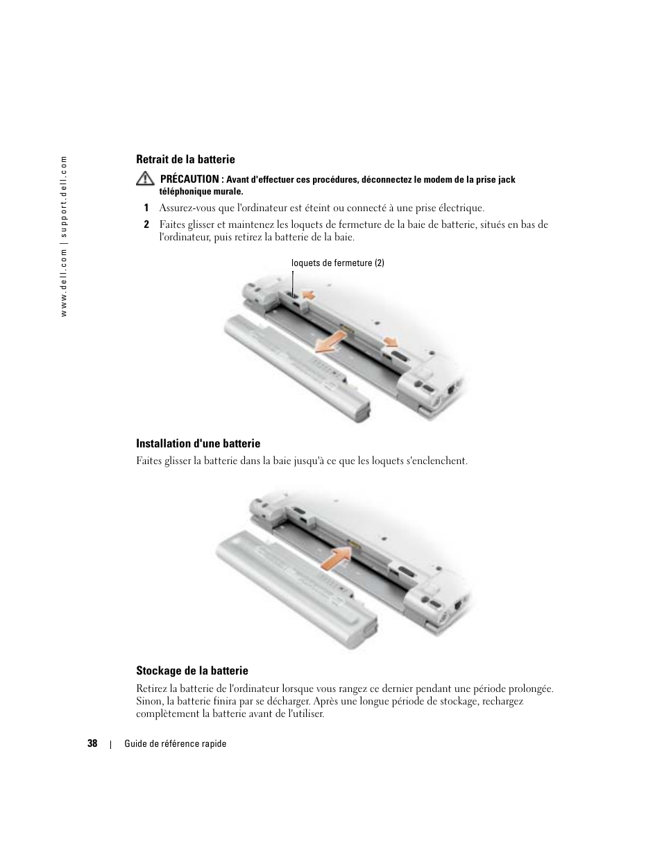 Retrait de la batterie, Installation d'une batterie, Stockage de la batterie | Dell Latitude X1 User Manual | Page 38 / 88