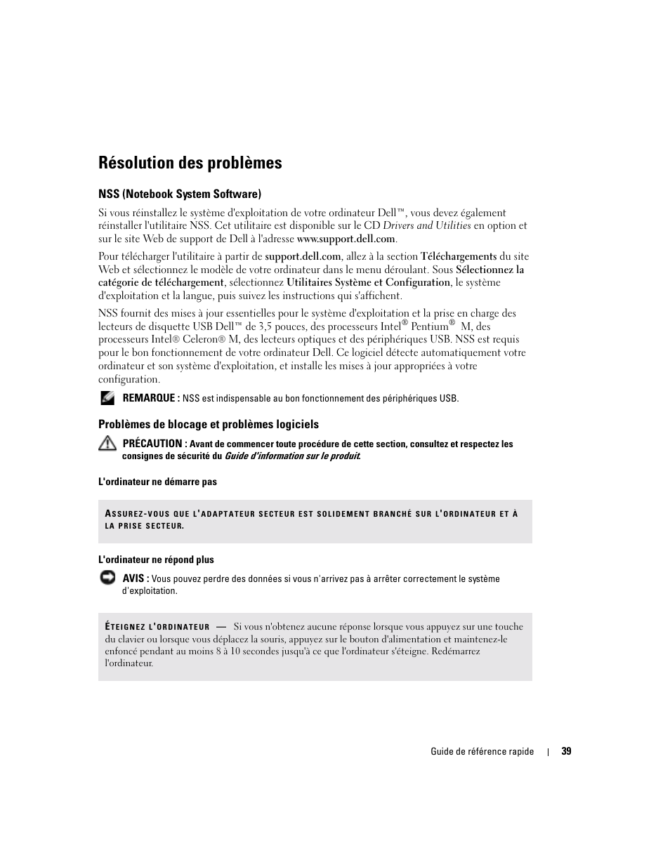 Résolution des problèmes, Nss (notebook system software), Problèmes de blocage et problèmes logiciels | Dell Latitude X1 User Manual | Page 39 / 88