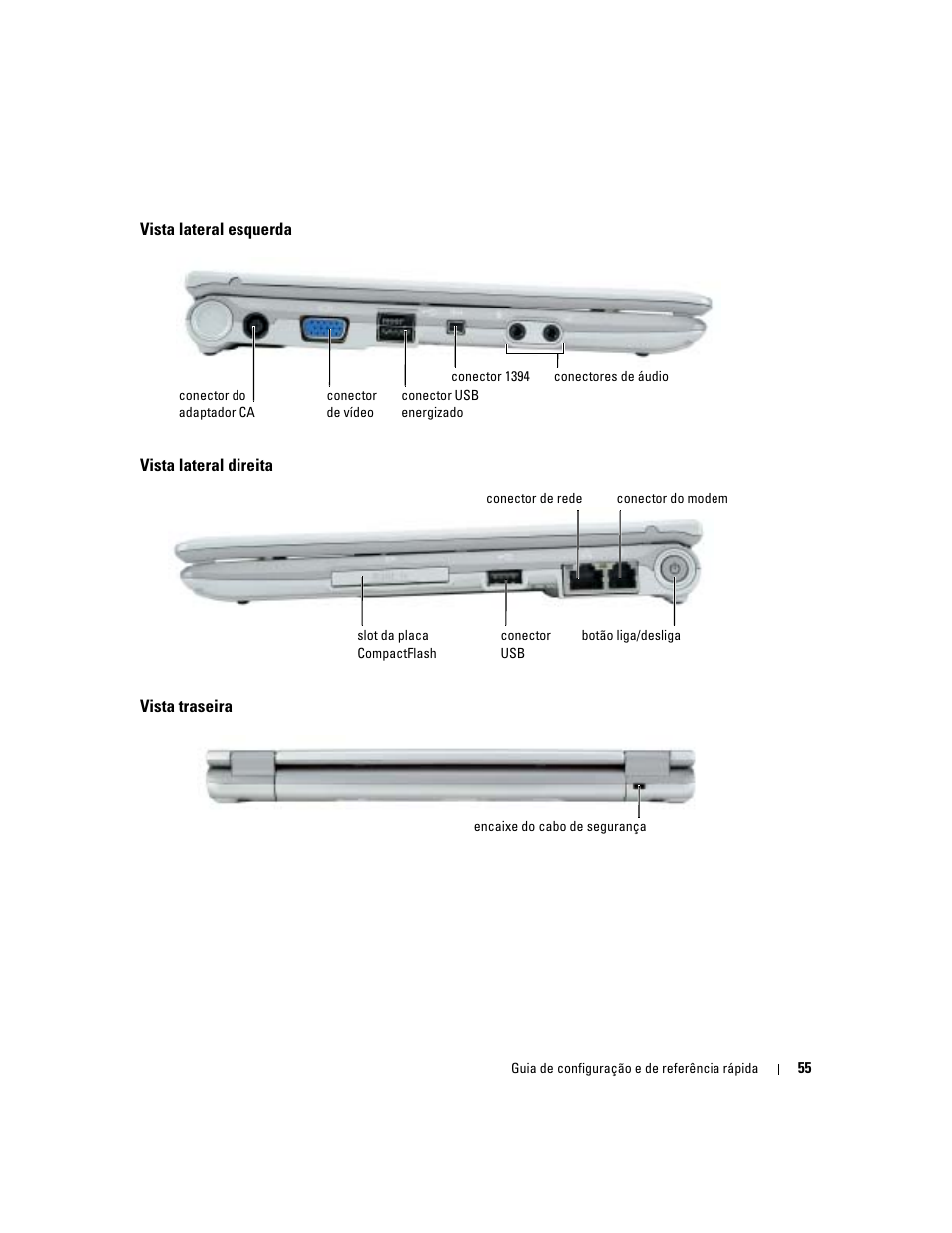 Vista lateral esquerda, Vista lateral direita, Vista traseira | Dell Latitude X1 User Manual | Page 55 / 88