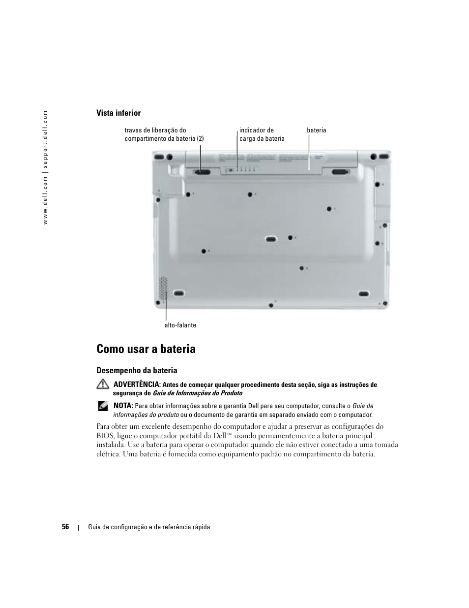 Vista inferior, Como usar a bateria, Desempenho da bateria | Dell Latitude X1 User Manual | Page 56 / 88