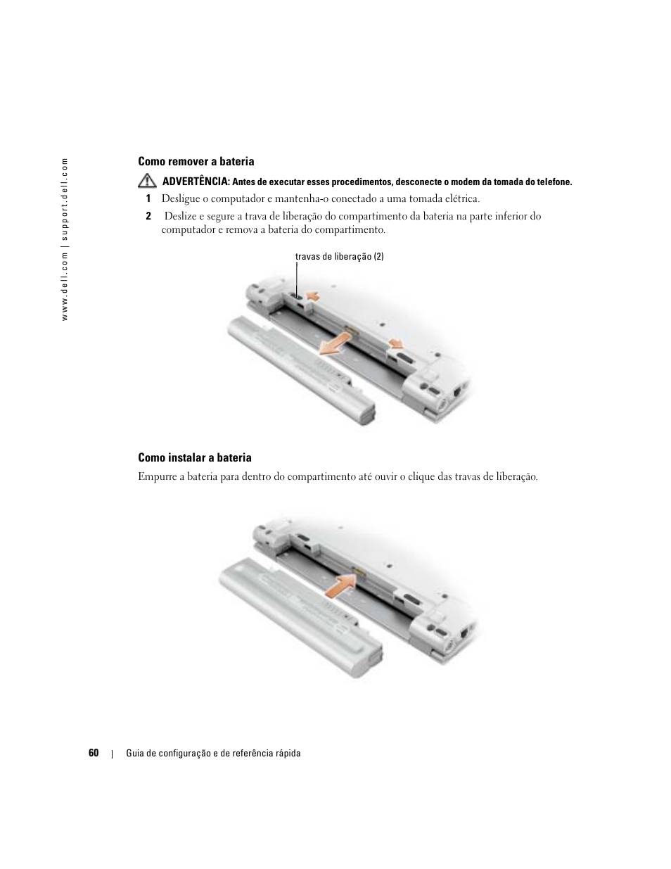 Como remover a bateria, Como instalar a bateria | Dell Latitude X1 User Manual | Page 60 / 88