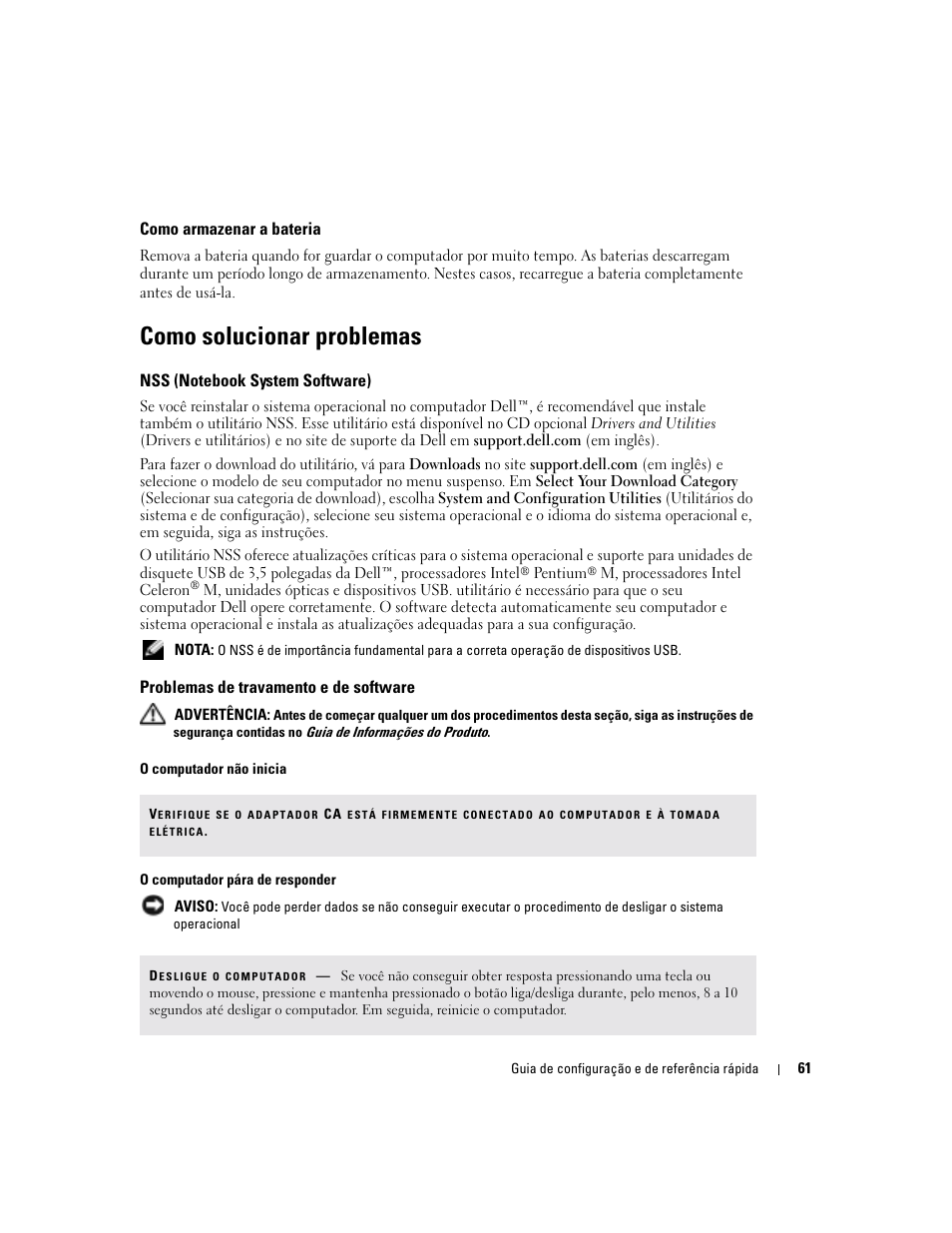 Como armazenar a bateria, Como solucionar problemas, Nss (notebook system software) | Problemas de travamento e de software | Dell Latitude X1 User Manual | Page 61 / 88