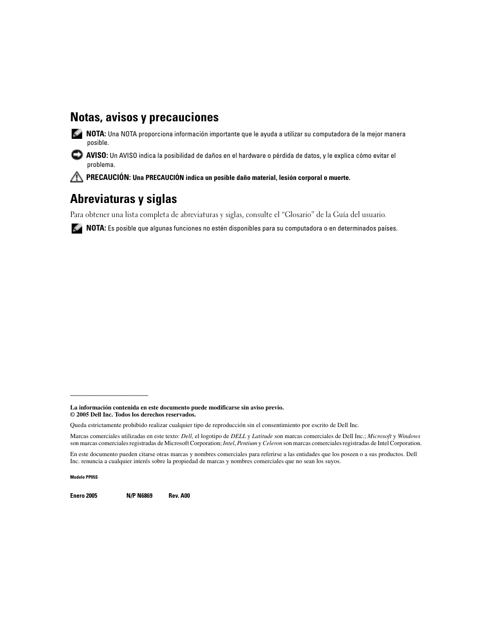 Notas, avisos y precauciones, Abreviaturas y siglas | Dell Latitude X1 User Manual | Page 68 / 88