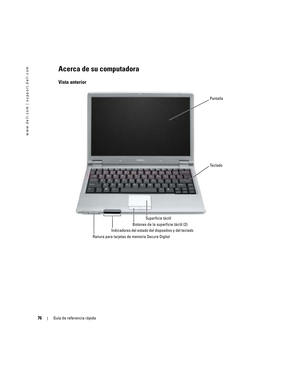 Acerca de su computadora, Vista anterior | Dell Latitude X1 User Manual | Page 76 / 88