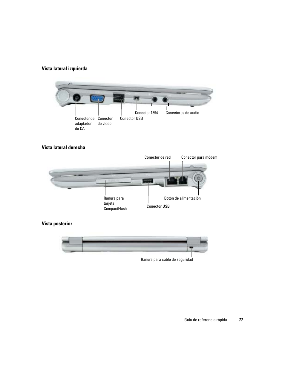Vista lateral izquierda, Vista lateral derecha, Vista posterior | Dell Latitude X1 User Manual | Page 77 / 88