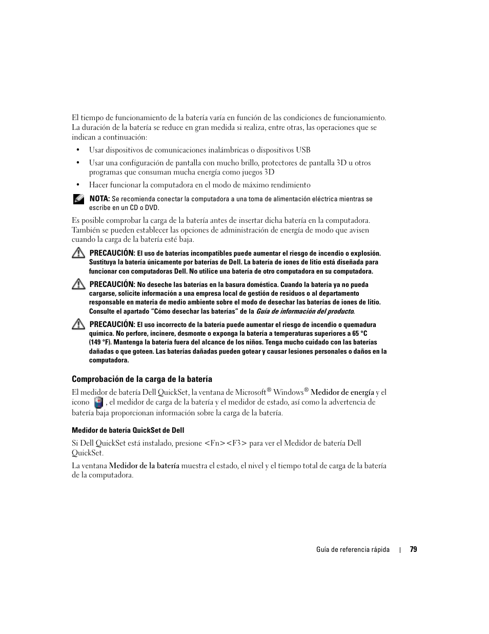 Comprobación de la carga de la batería | Dell Latitude X1 User Manual | Page 79 / 88