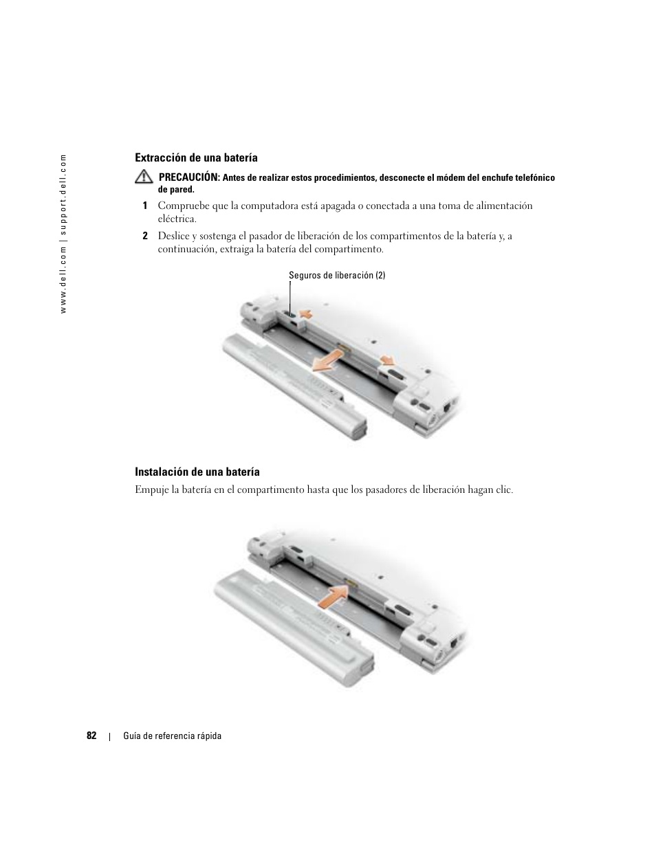 Extracción de una batería, Instalación de una batería | Dell Latitude X1 User Manual | Page 82 / 88