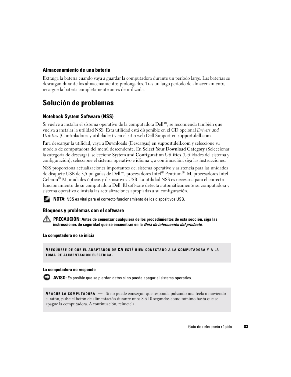 Almacenamiento de una batería, Solución de problemas, Notebook system software (nss) | Bloqueos y problemas con el software | Dell Latitude X1 User Manual | Page 83 / 88