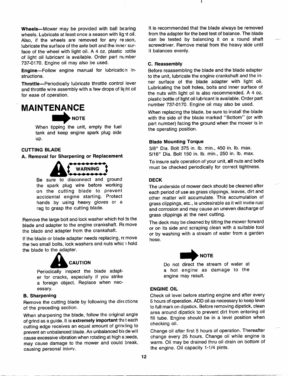 Maintenance, Note, Cutting blade | Warning, Caution, C. reassembly, Blade mounting torque, Deck, Engine oil | Bolens 116-312-000 User Manual | Page 12 / 19