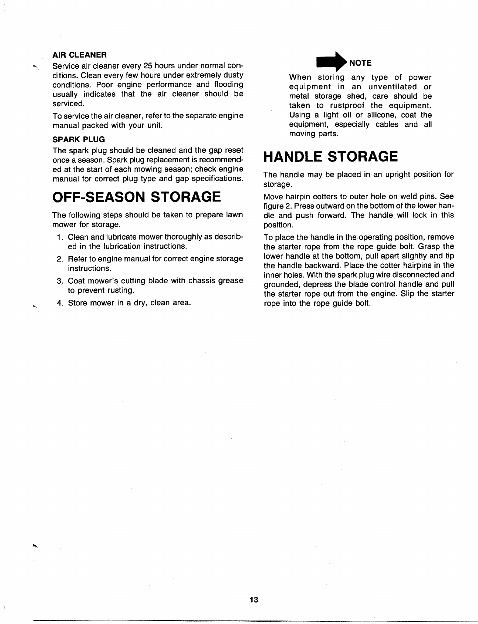 Air cleaner, Spark plug, Off-season storage | Note, Handle storage | Bolens 116-312-000 User Manual | Page 13 / 19