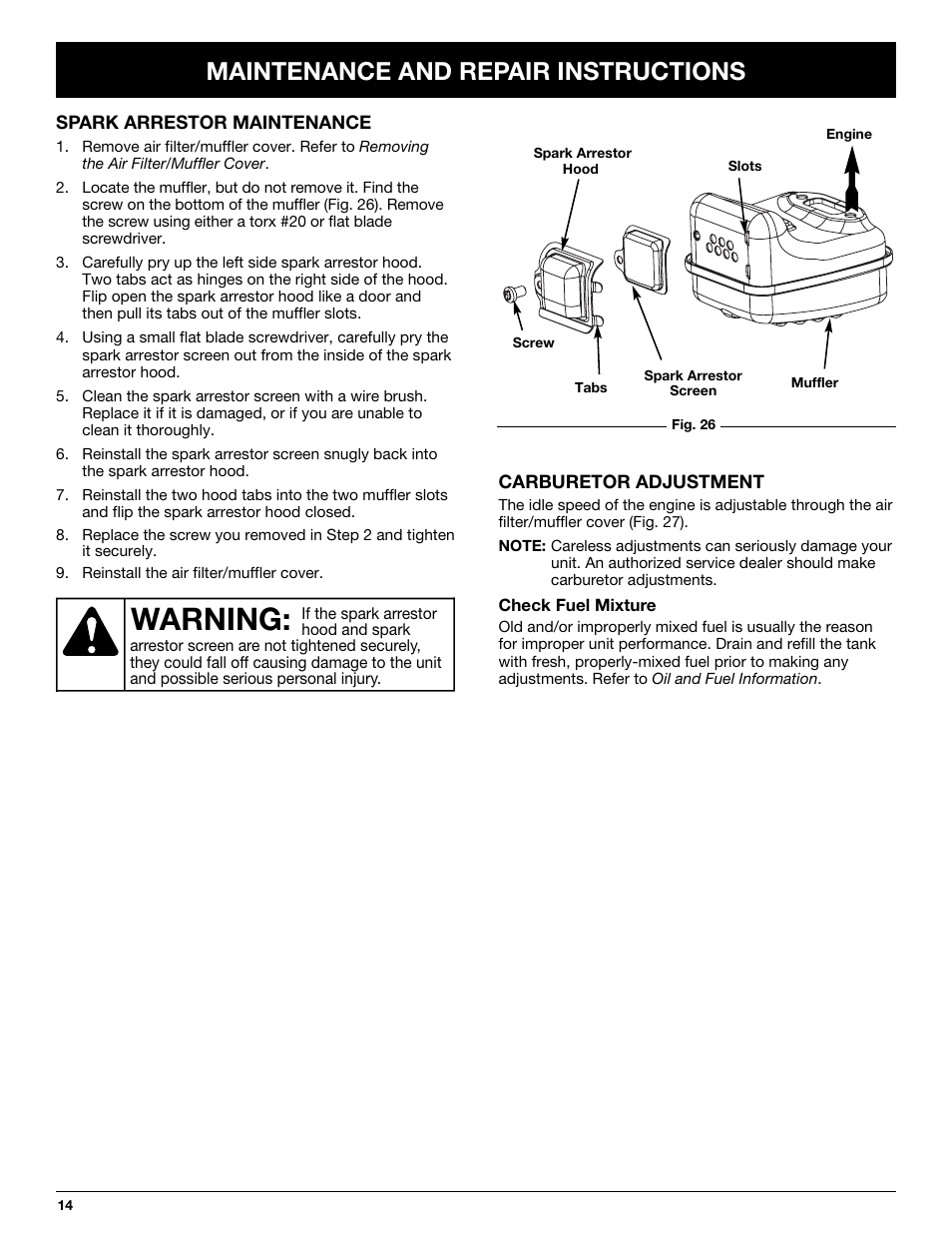 Warning, Maintenance and repair instructions | Bolens BL 100/ BL 150 User Manual | Page 14 / 64