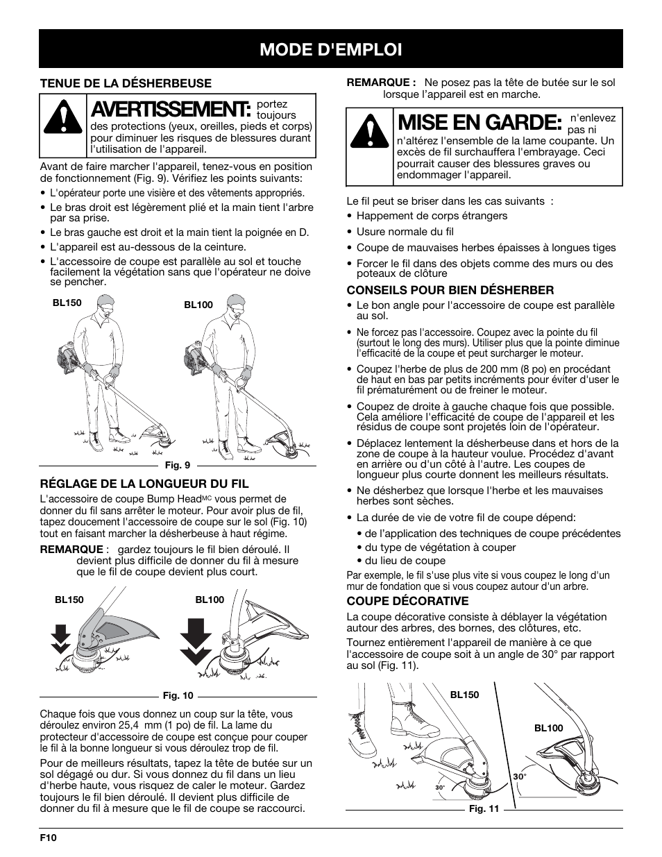 Avertissement, Mise en garde, Mode d'emploi | Bolens BL 100/ BL 150 User Manual | Page 30 / 64