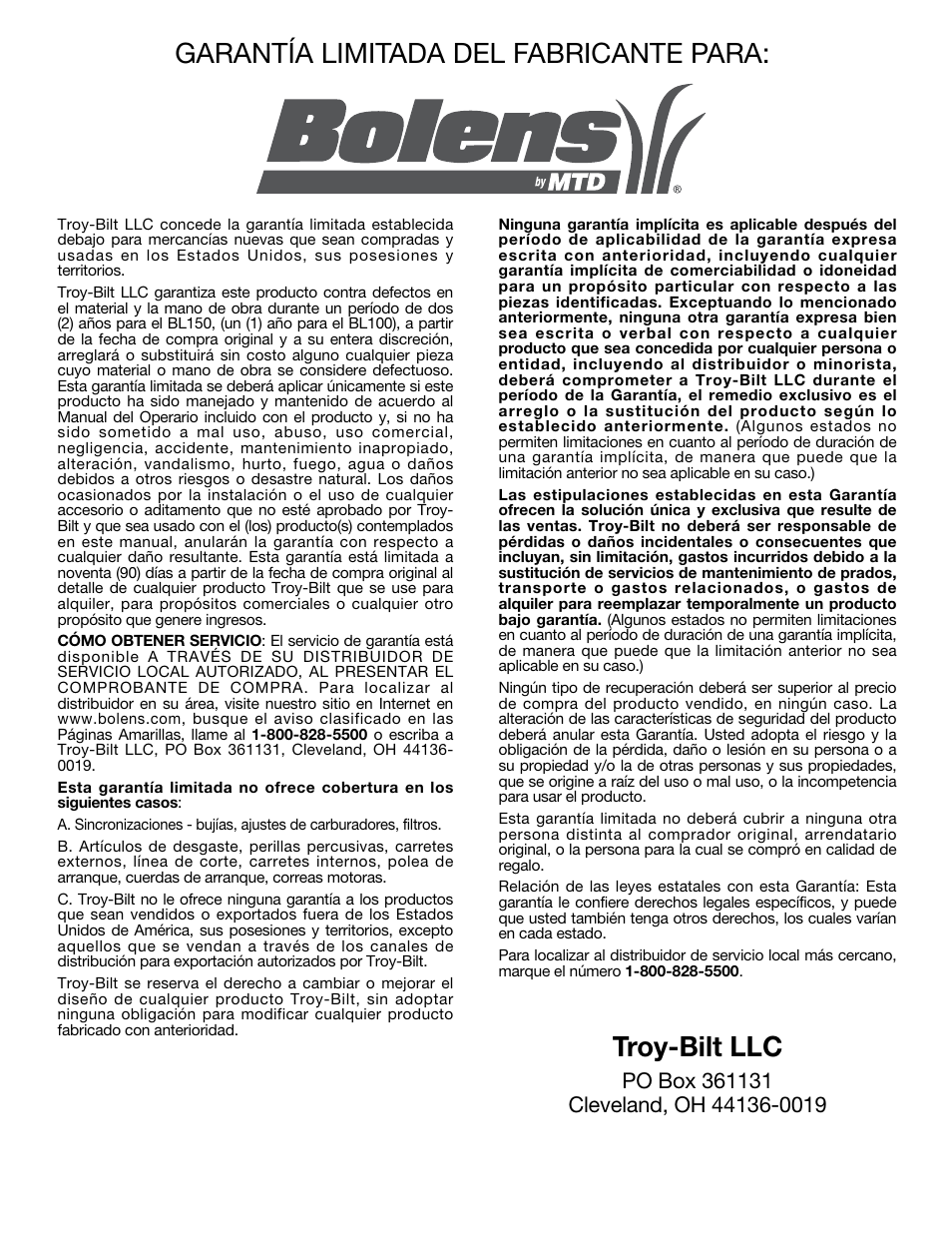 Garantía limitada del fabricante para, Troy-bilt llc | Bolens BL 100/ BL 150 User Manual | Page 64 / 64