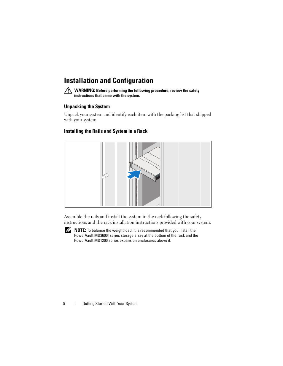 Installation and configuration, Unpacking the system, Installing the rails and system in a rack | Dell POWERVAULT MD3600F User Manual | Page 10 / 90