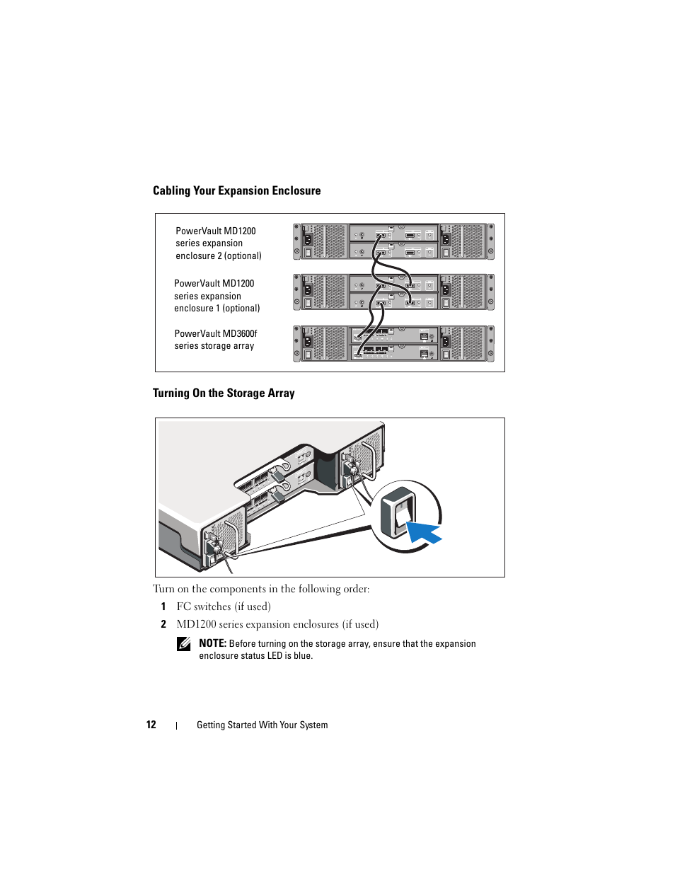 Cabling your expansion enclosure, Turning on the storage array | Dell POWERVAULT MD3600F User Manual | Page 14 / 90